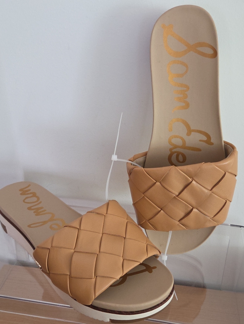 Sam Edelman Tan Woven Slide Sandals - Padded Wide Strap, Size 8.5m